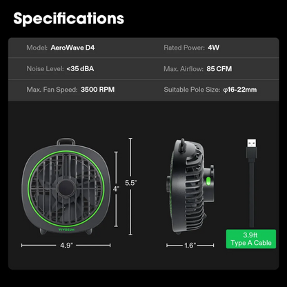 Vivosun AeroWave D4 | 4-Inch Multi-Mount Grow Tent Fan with Detachable Hook