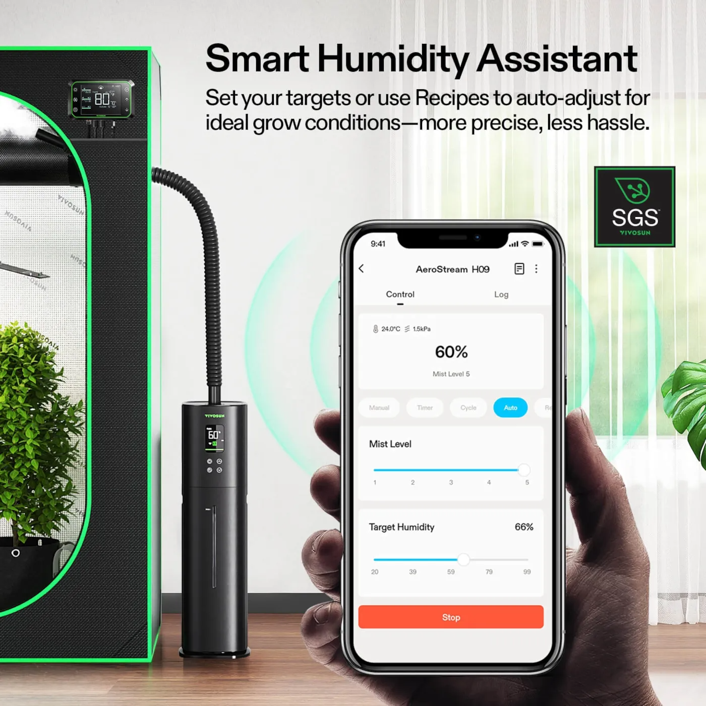 Smart humidity assistant device with smartphone app interface, SGS logo, and indoor plants.