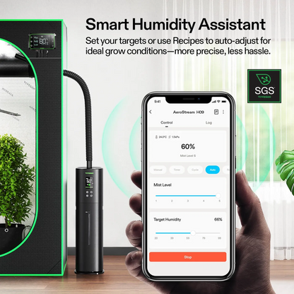 Smart humidity assistant device with smartphone app interface, SGS logo, and indoor plants.