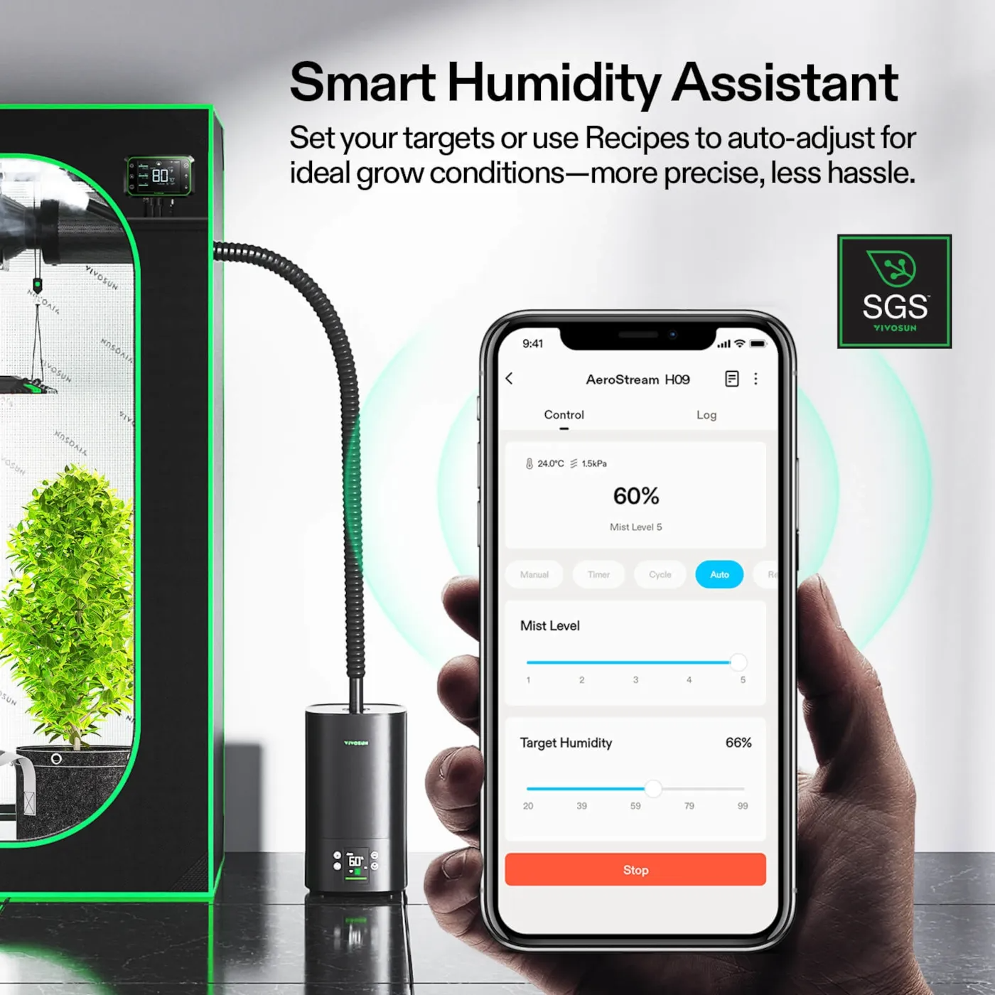 Smart humidity assistant device with smartphone app interface, SGS logo, and indoor plant setup.