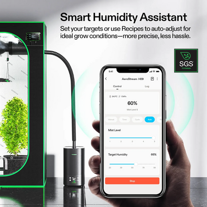 Smart humidity assistant device with smartphone app interface, SGS logo, and indoor plant setup.