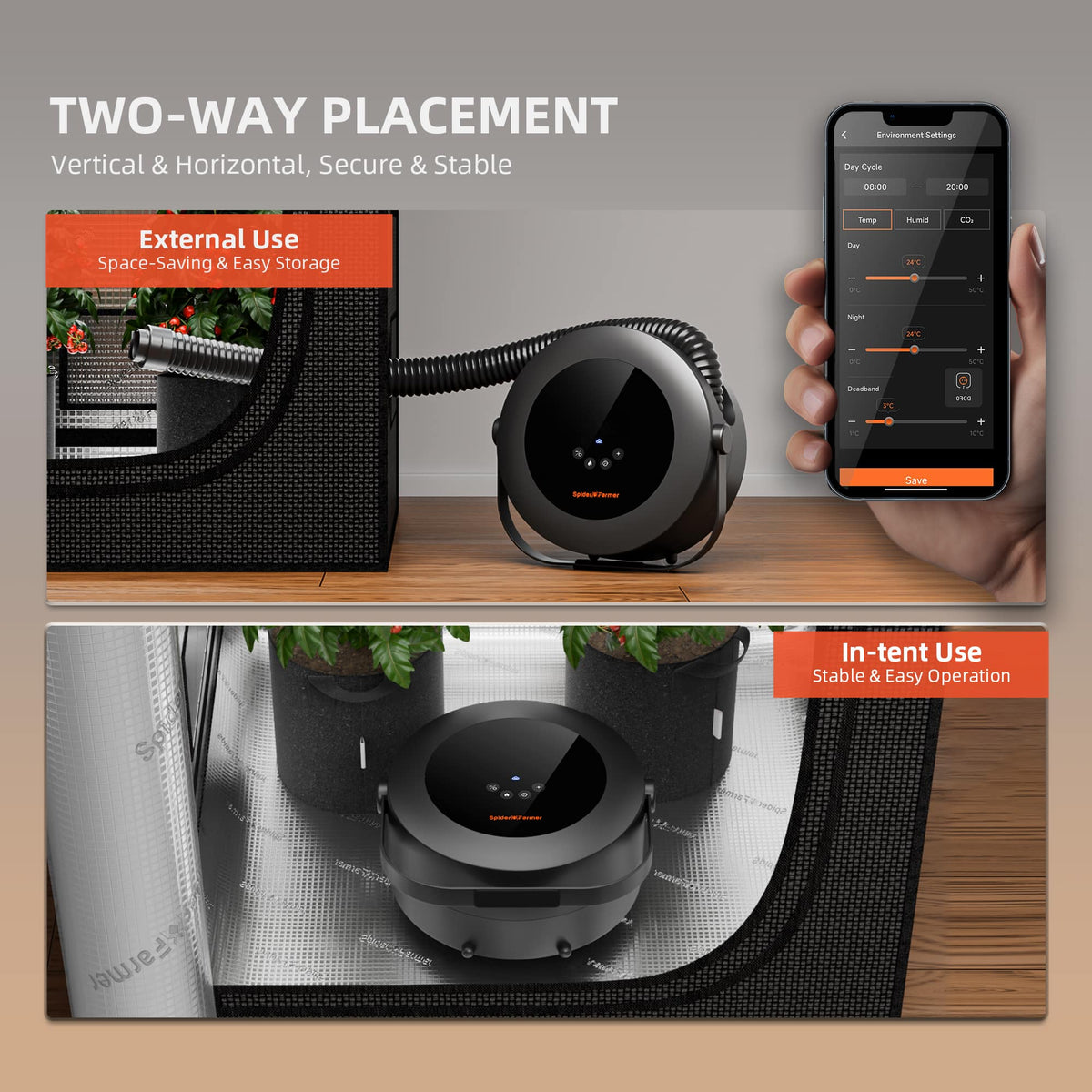 Product display with a black cylindrical device, smartphone, and text in German on a wooden surface.